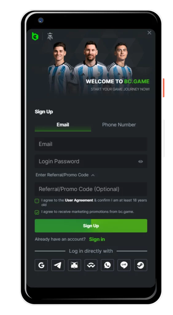 Steps for registration on BC.Game via mobile.