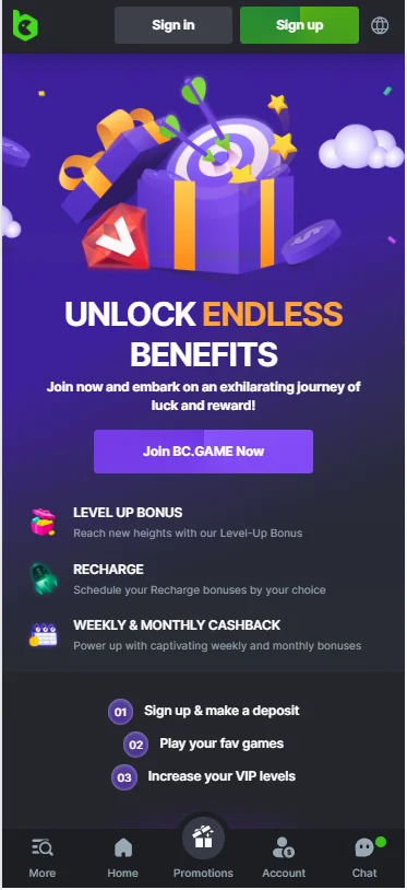 Unlock BC.Game bonuses using mobile application.
